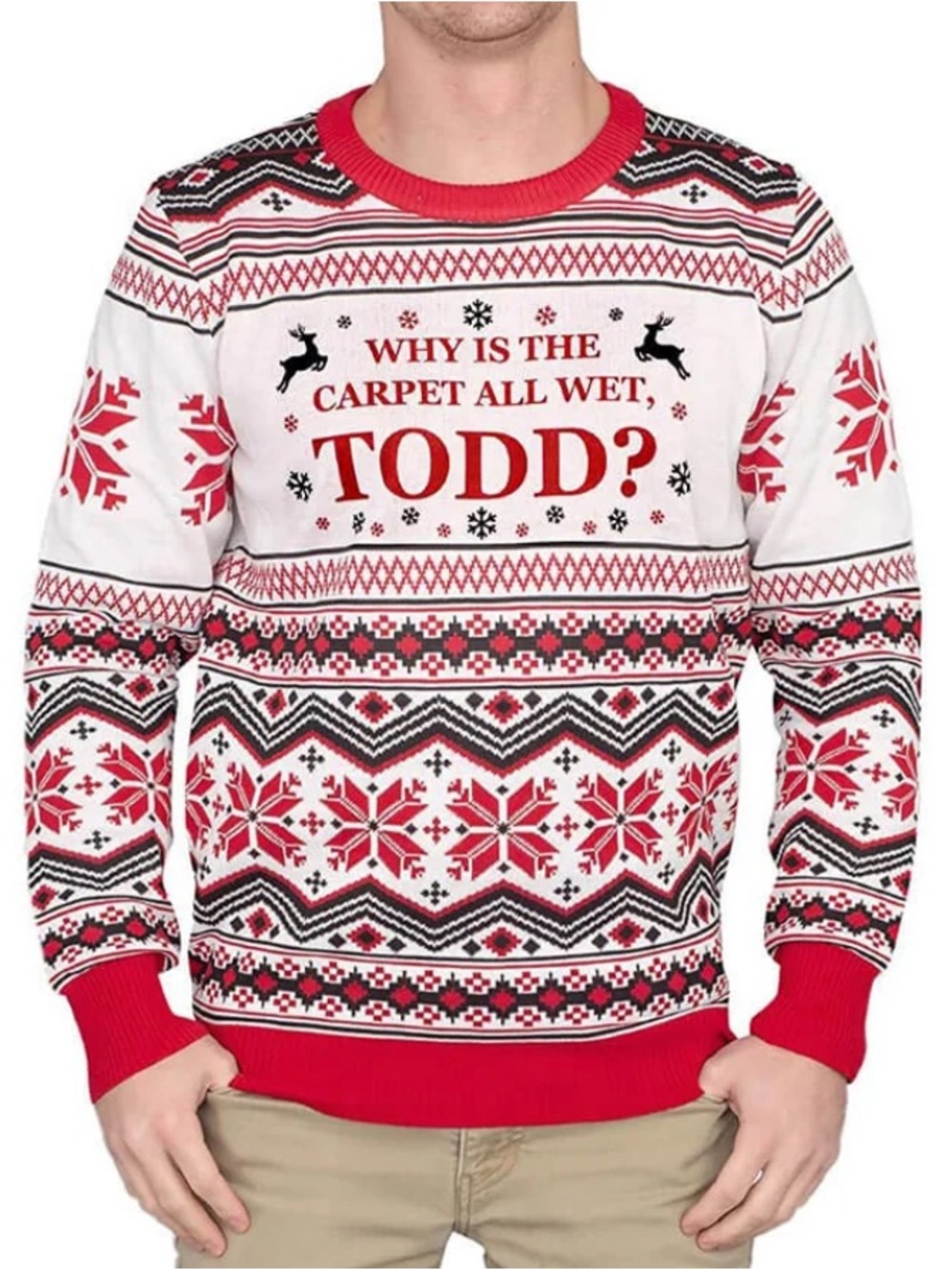 Ugly Christmas Sweater 'Why Is The Carpet All Wet, Todd?' Red White Men XL